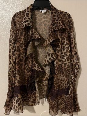Leopard Print Ruffle Sheer Blouse - Brown Vintage